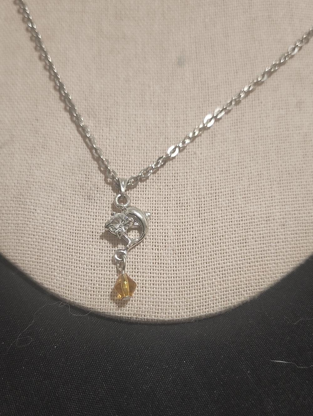 Silver Dolphin Pendant Necklace with Amber Crystal Drop